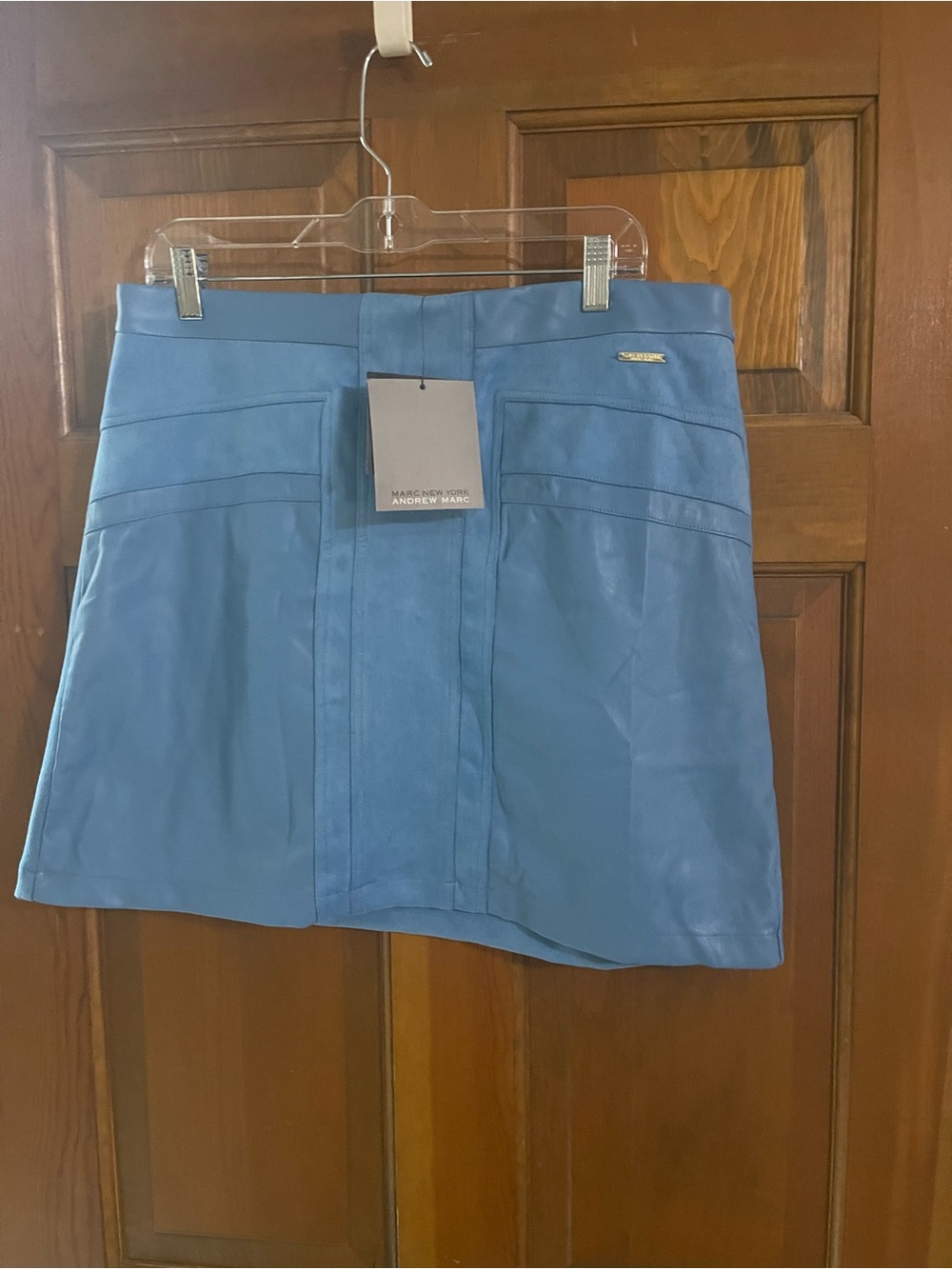Andrew Marc Light Blue Leather Mini Skirt